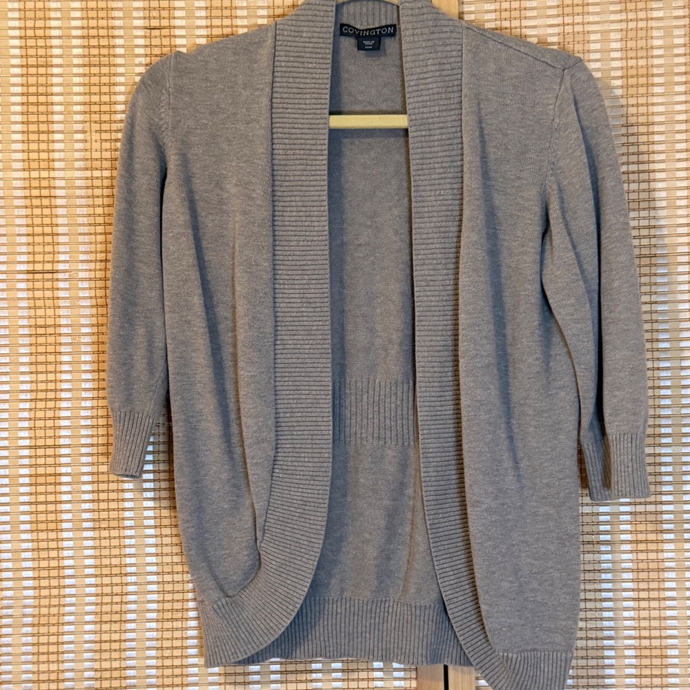 Covington Womens Grey Open Front Cardigan 3/4 Sleeve Knit Sweater Size M Preppy